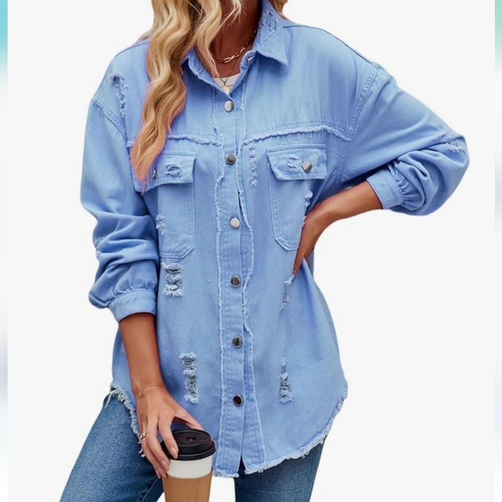 Women's Light Blue Denim Casual Long Sleeve Distressed Jean Jacket - NWOT